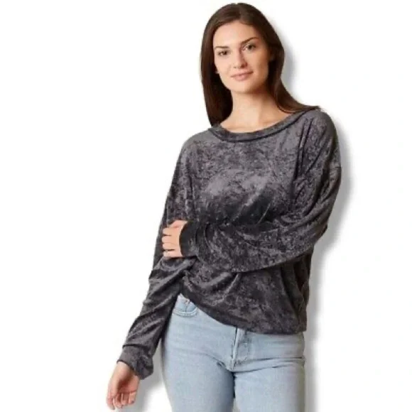We The Free People Milan Blue crushed velvet top sweatshirt size Small - Picture 2 of 6